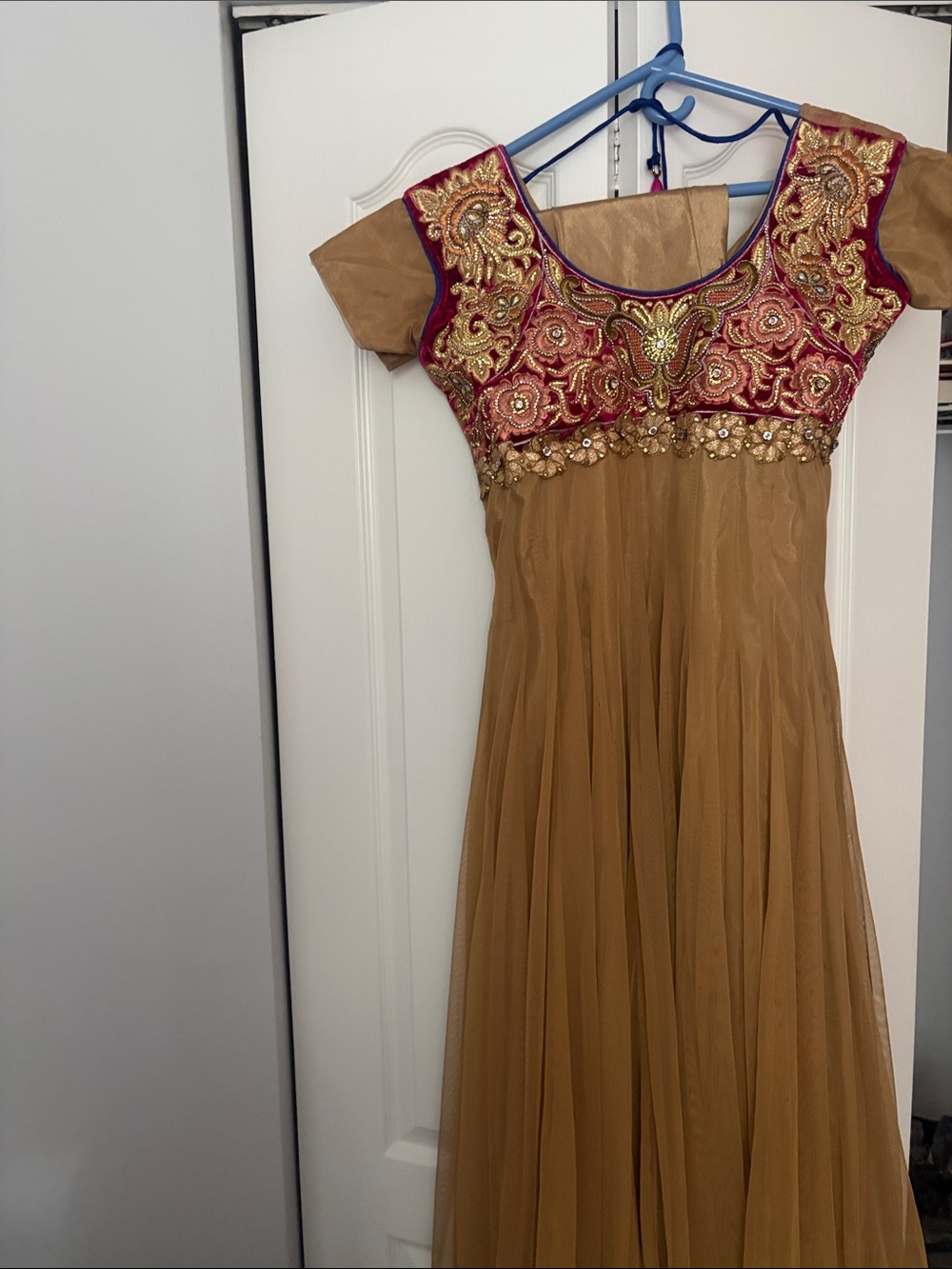 Embroidered Gold-Tan Anarkali Dress with Pink Bodice Detail